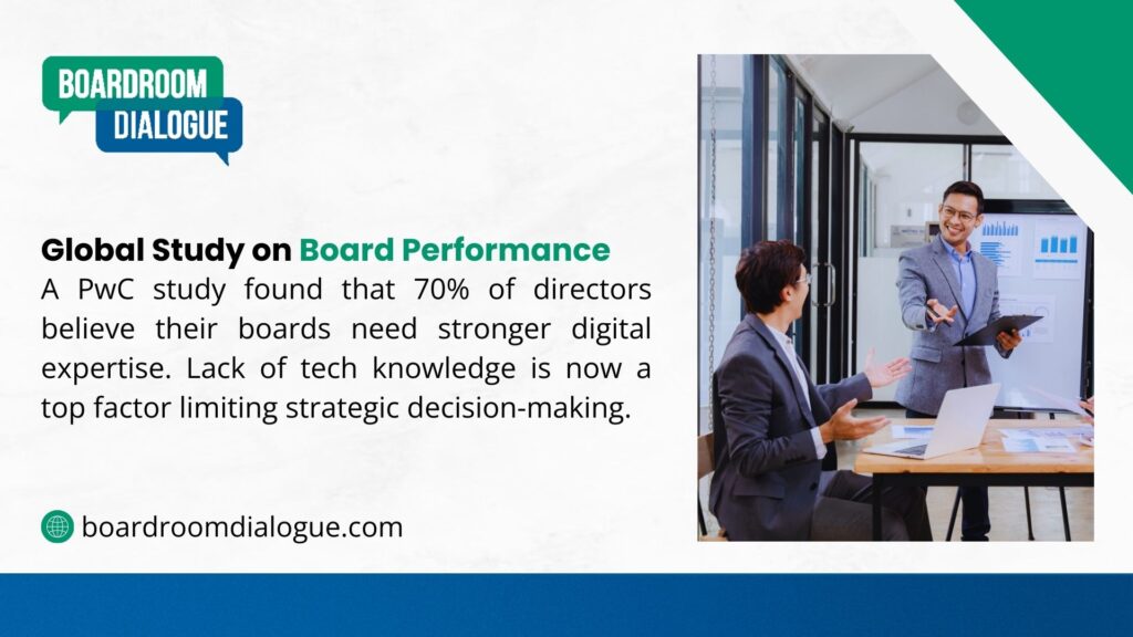 Two business professionals discuss in a modern office, with Boardroom Dialogue citing a PwC study where 70% of directors believe stronger digital expertise is needed for strategic decision-making.