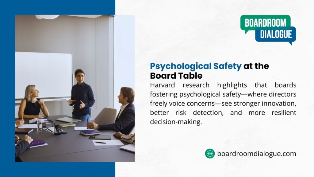 Business meeting with professionals discussing, highlighting psychological safety at the board table, improving innovation and decision-making per Harvard research.