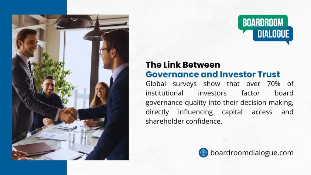 Business meeting with professionals shaking hands, discussing governance and investor trust, with charts on the table, emphasizing collaboration and decision-making.