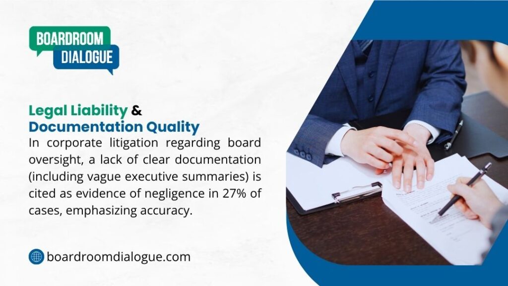 The image discusses Legal Liability & Documentation Quality, stating that a lack of clear documentation (like vague executive summaries) is cited as evidence of negligence in 27% of corporate litigation cases.