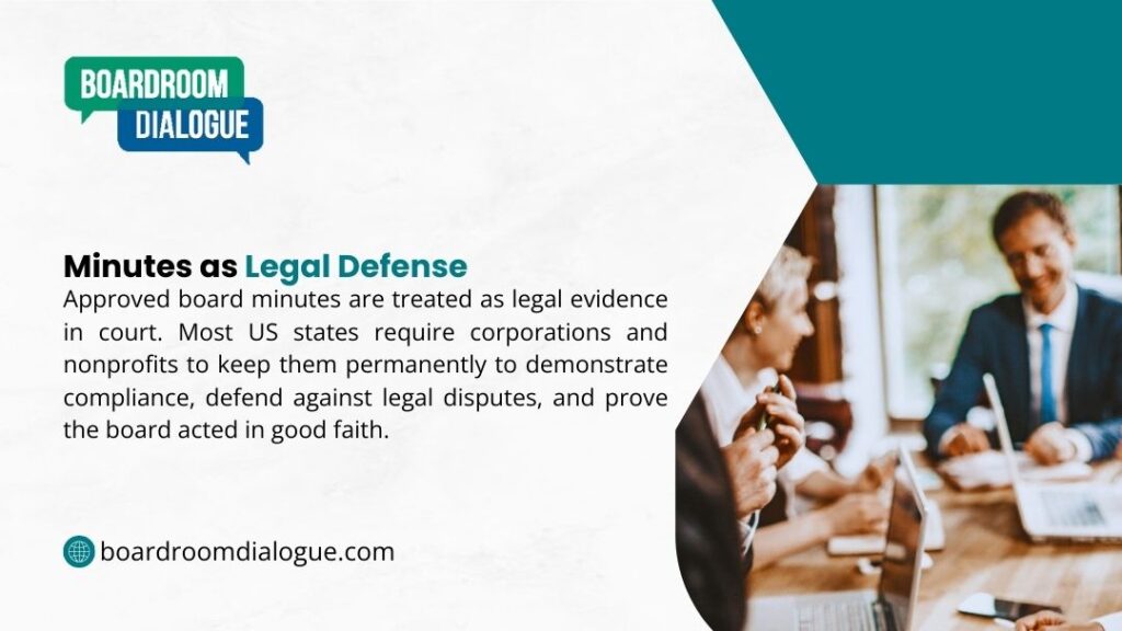 How to Take Minutes for a Board Meeting - Three professionals discussing paperwork around a conference table, illustrating the importance of approved board minutes as legal evidence.