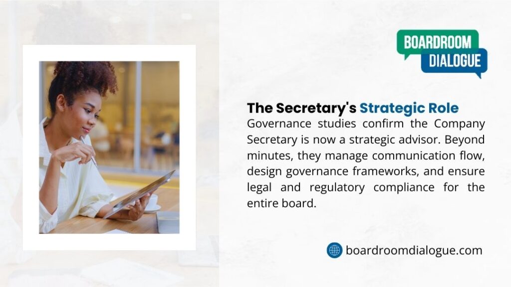 A focused woman with curly hair sitting at a table, using a stylus on a tablet, representing the strategic advisor role of the Company Secretary.